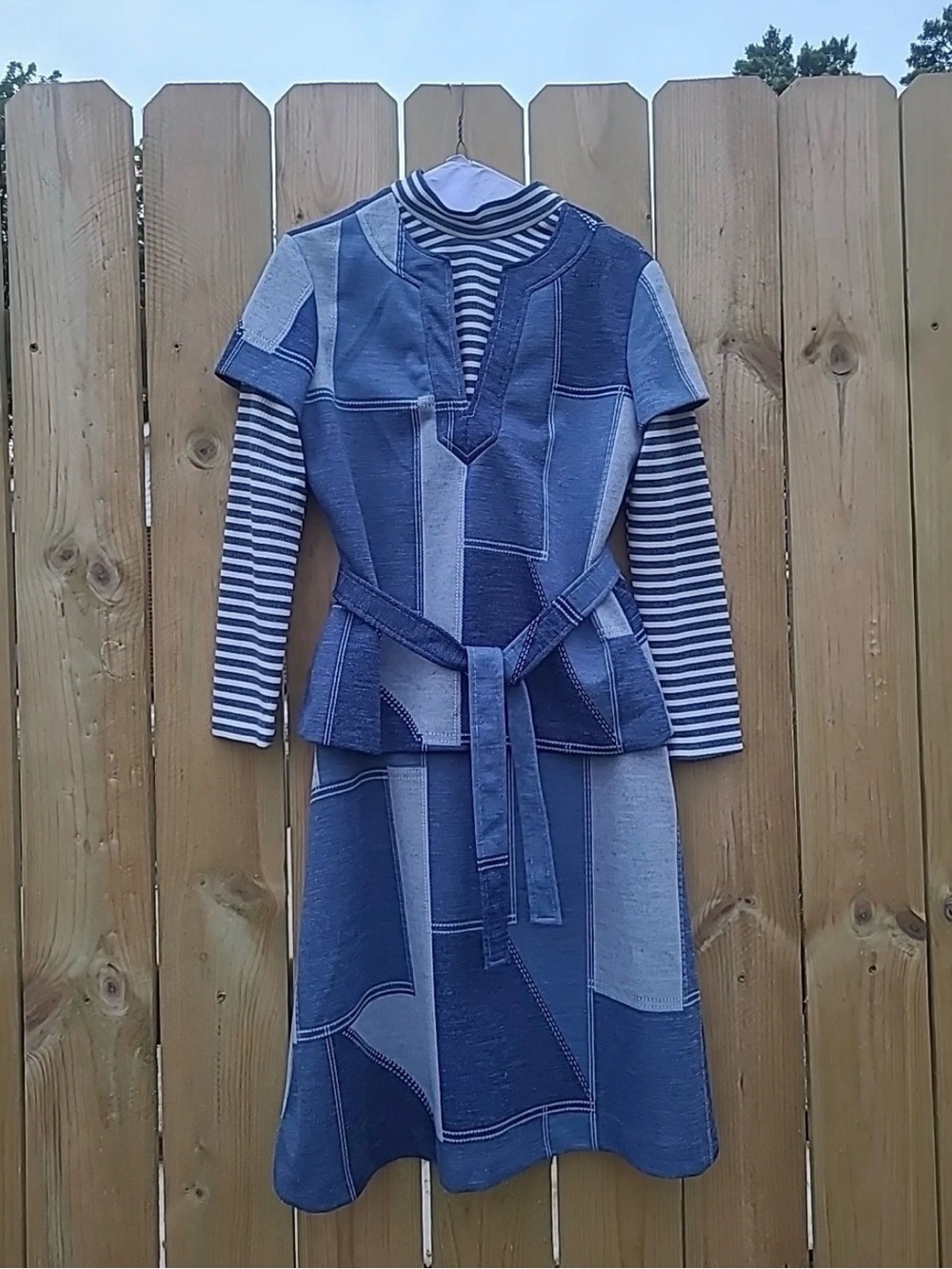 Vintage 60’s Blue Patchwork Set Midi Skirt with Belt and Top